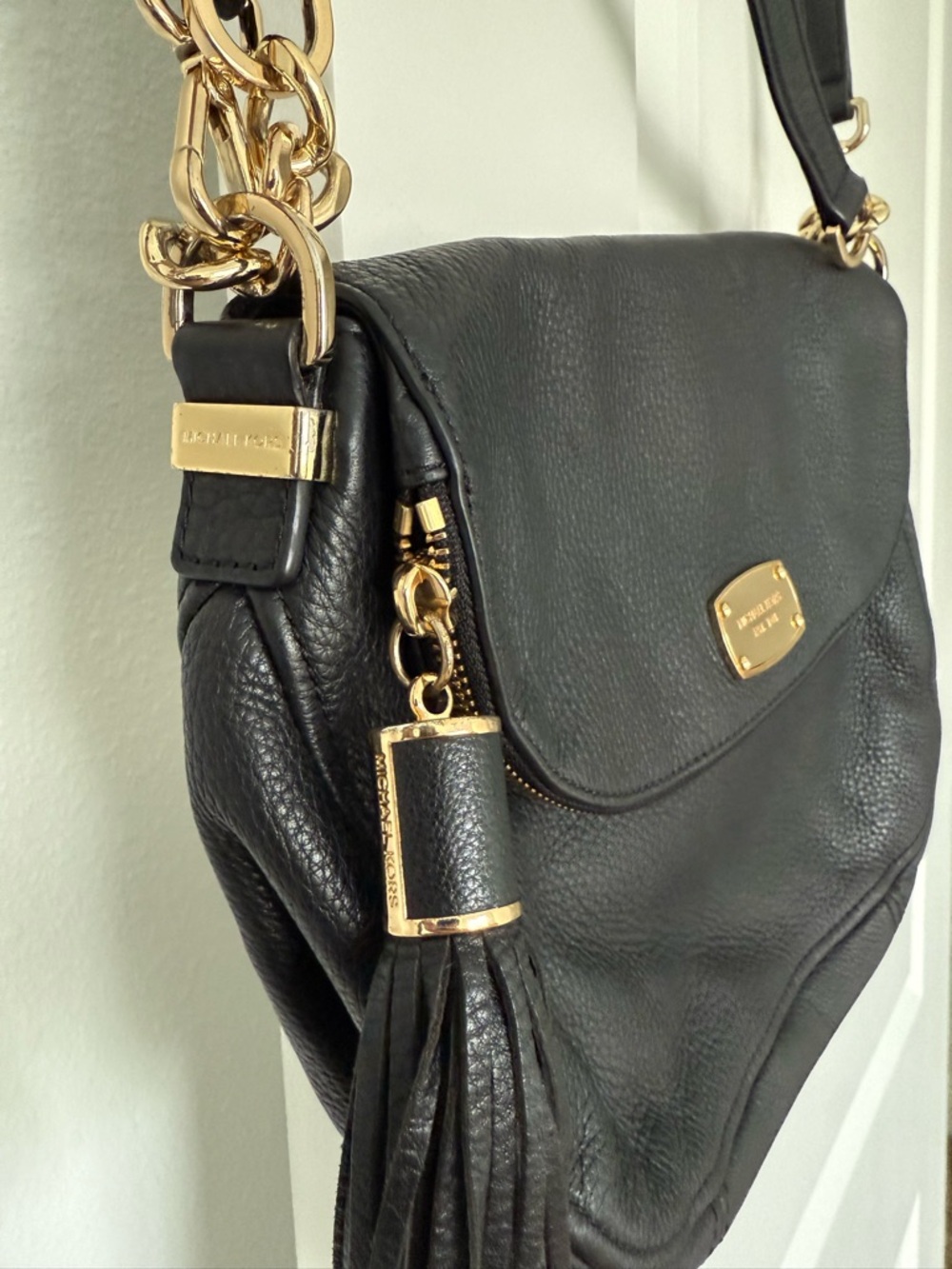 Michael Kors Black Leather Crossbody with Gold Plaque and Tassel - Picture 5 of 8